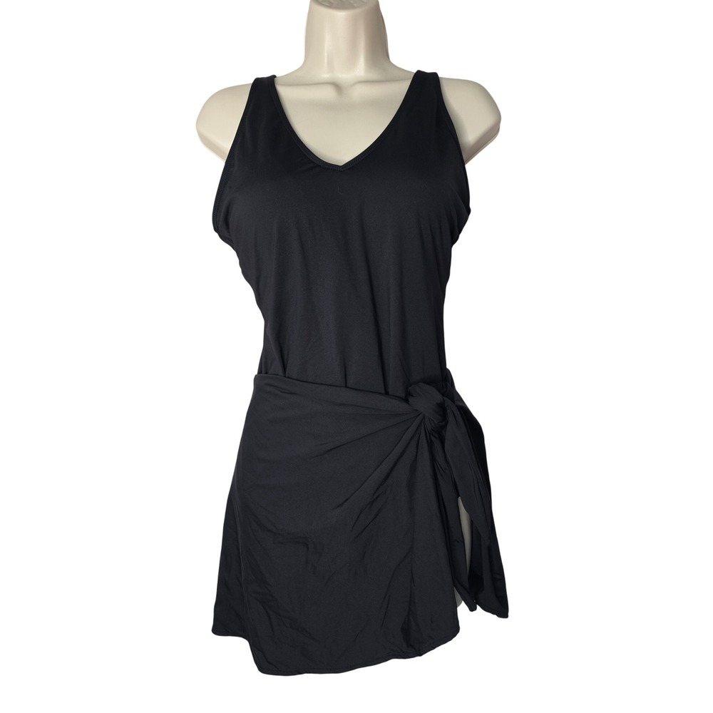 Tempt Me Swim Dress Womens Large Black One Piece Wrap Skirt V-Neck Adjustable